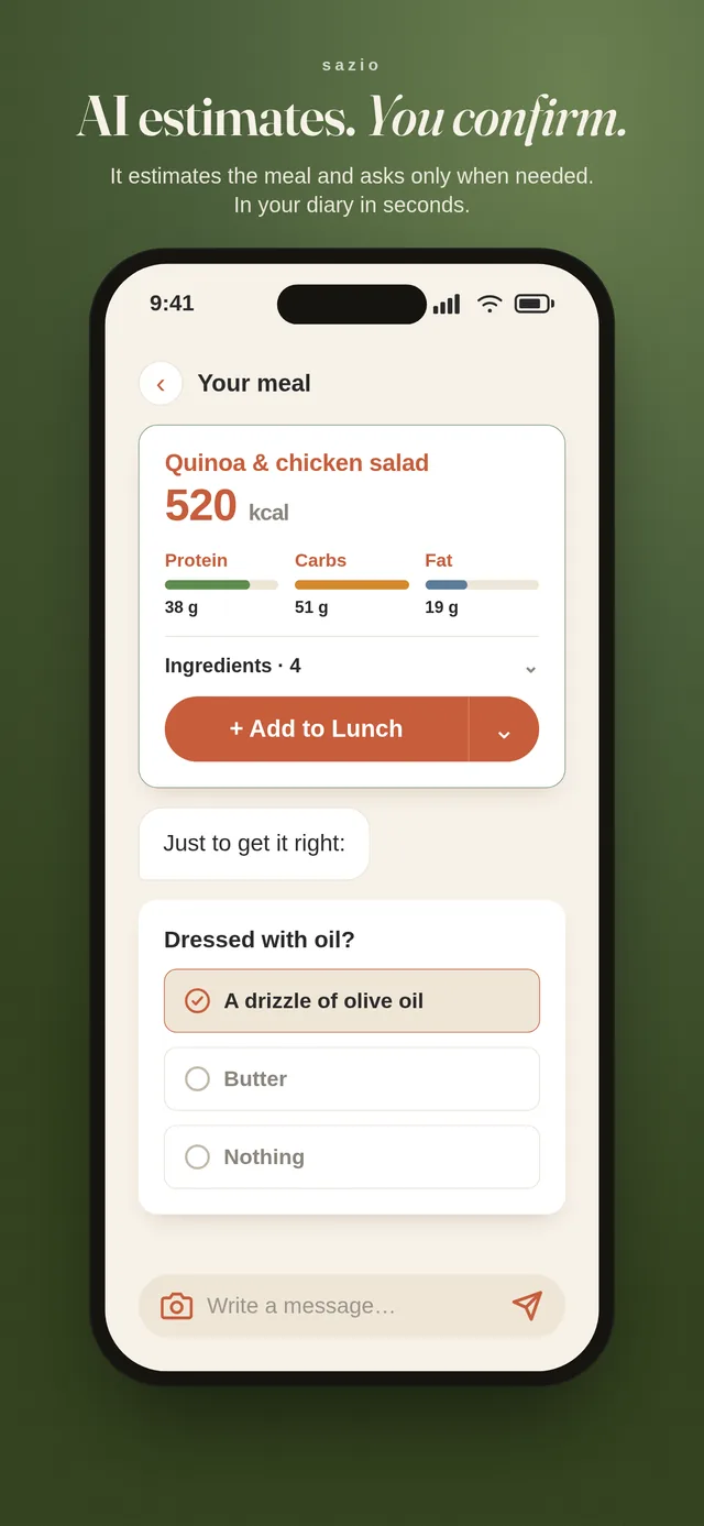 Sazio app screenshot: the AI estimates a quinoa and chicken salad at 520 kcal and asks one quick follow-up question before you confirm.
