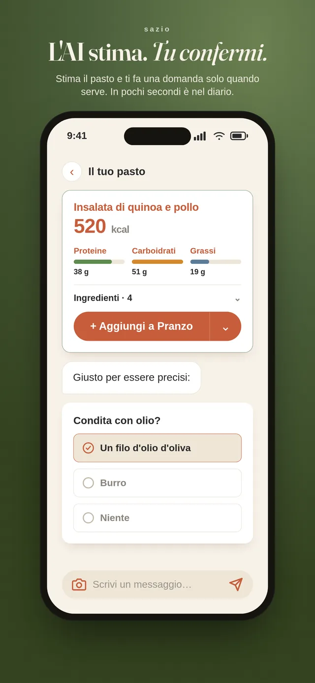 Screenshot dell'app Sazio: l'AI stima un'insalata di quinoa e pollo a 520 kcal e fa una sola domanda di verifica prima della conferma.