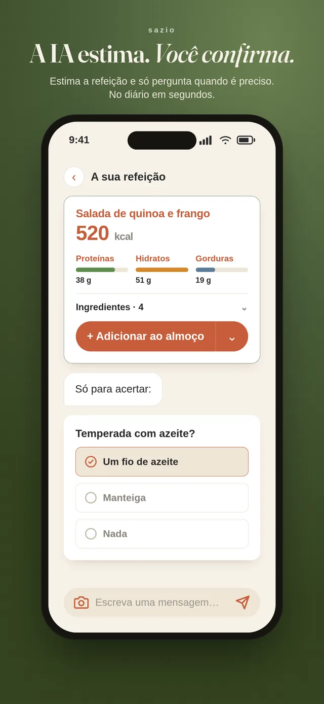 Captura de ecrã da app Sazio: a IA estima uma salada de quinoa e frango em 520 kcal e faz uma pergunta rápida antes da tua confirmação.